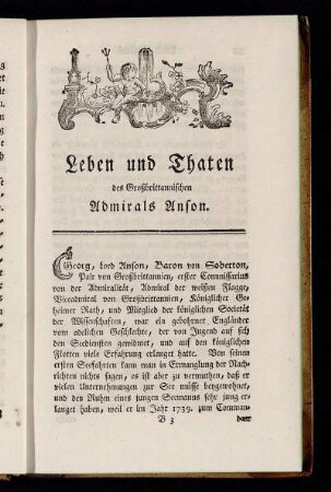 Leben und Thaten des Großbrittannischen Admirals Anson.