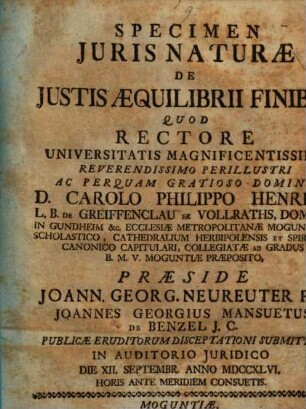 Specimen Juris Naturae De Justis Aequilibrii Finibus