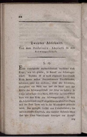 Zweyter Abschnitt. Von dem Präservativ - Aderlasse in der Schwangerschaft.