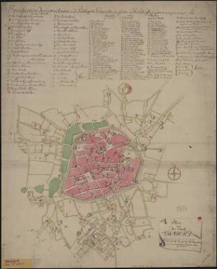 Plan von der Stadt Freiberg, 1:7 500, Handzeichnung, 1750 : Plan von der Stadt Freyberg. - [Ca. 1:7 500]. - [S.l.] , [ca. 1750]. - 1 Kt. : kolor. Handzeichng. , Gesamtgr. 45 x 56 cm Maßstab in Landruthen. - Mit Specification derer vornehmsten Publiquen Gebaeude