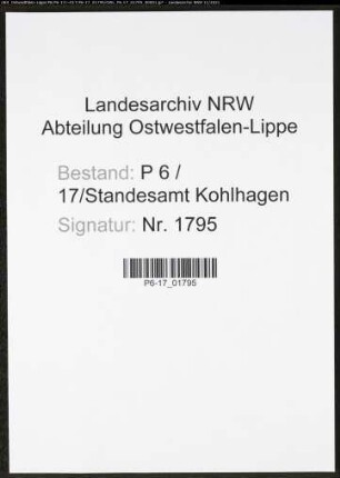 Heiratsregister Standesamt Kohlhagen
