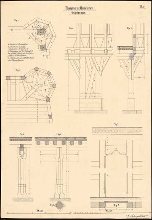 Rathaus, Michelstadt: Details: Schichenrisse Eckturm, Holzkonstruktion EG, OG, Tür Ratssaal 1:10, 1:20