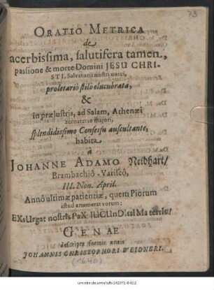 Oratio Metrica de acerbissima, salutifera tamen, passione & morte Domini Jesu Christi, Salvatoris nostri unici