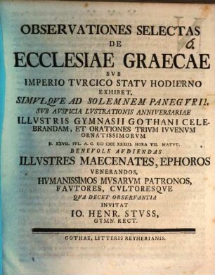 Observationes selectae de ecclesiae Graecae sub imperio Turcico statu hodierno