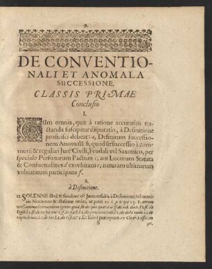 De Conventionali Et Anomala Successione. Classis Primae [Membrum I.]