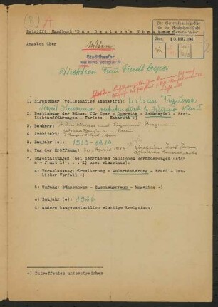 Stadttheater, Wien: Fragebogen für das Handbuch »Das Deutsche Theater«, vierseitiges Dokument