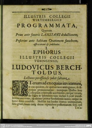 I. Ephorus Illustris Collegii Tubingensis, Ludovicus Berchtoldus, Lectores perofflciose jubet salvere