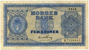 Geldschein, 5 Kroner, 1948