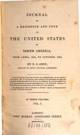 Journal of a residence and tour in the United States of North America : from April, 1833, to October, 1834, 1