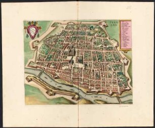 Stadtplan von Ferrara, Italien, kolorierter Kupferstich, ca. 1730 : Ferrara. - [Amsterdam], s.a. [ca. 1730]. - 1 Plan : Kupferstich ; 35 x 45 cm