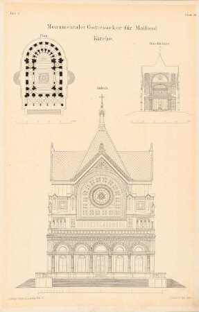 Monumentaler Gottesacker, Mailand: Kirche: Aufriss, Schnitt, Grundriss (aus: Entwürfe von Bohnstedt, Heft I-VIII, 1875-1877)