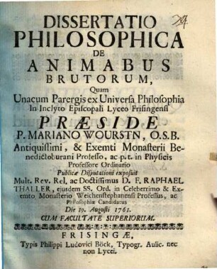 Dissertatio Philosophica De Animabus Brutorum