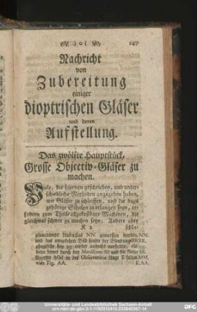 Nachricht von Zubereitung einiger dioptrischen Gläser und deren Aufstellung.