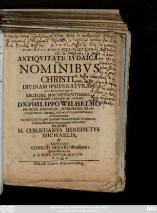 Dissertationem Philologicam Ex Antiqvitate Ivdaica, De Nominibvs Christi, Divinam Ipsivs Natvram Designantibvs