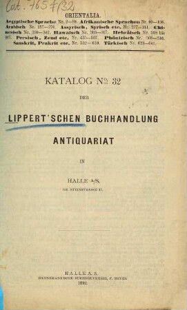 Katalog ... der Lippert'schen Buchhandlung, Antiquariat in Halle a. S.. 32. 1892
