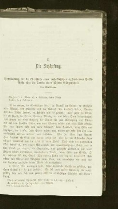¬Die¬ Schöpfung : Bearbeitung für die Oberklasse einer mehrklassigen gehobenen Volksschule oder die Tertia einer höheren Bürgerschule