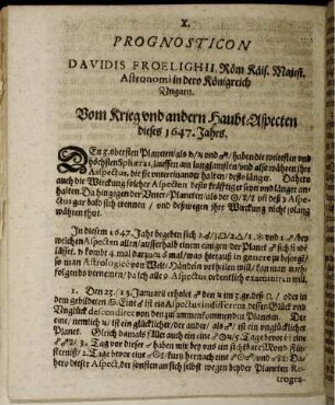 X. Prognosticon. Vom Krieg und andern Haubt-Aspecten dieses 1647. Jahrs
