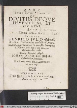 Exercitatio Academica De Divitiis Deque Inventione Et Usu Numi