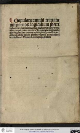 Copulata super omnes tractatus parvorum logicalium Petri Hispani et nonnullos modernorum secundum viam Albertistarum / Thesaurus sophismatum circa tractatus Parvorum Logicalium Petri Hispani