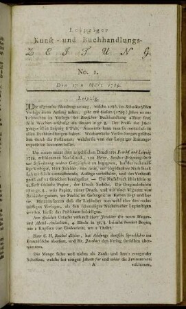 Leipziger Kunst- und Buchhandlungs-Zeitung. No. 1. Den 27ten März 1789.