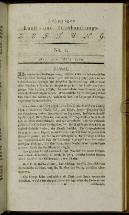 Leipziger Kunst- und Buchhandlungs-Zeitung. No. 1. Den 27ten März 1789.
