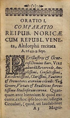 Orationes Quinque Varii Argumenti : Partim Norimbergae & Altdorphii, partim Argentorati scriptae & recitatae. 1. Comparatio Reip. Noricae cum Veneta. 2. Imitatio genuina ...