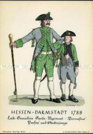 Uniformdarstellung, Profoss und Steckenjunge des Leib-Grenadier-Garde-Regiments Pirmasens, Landgrafschaft Hessen-Darmstadt, 1788.
