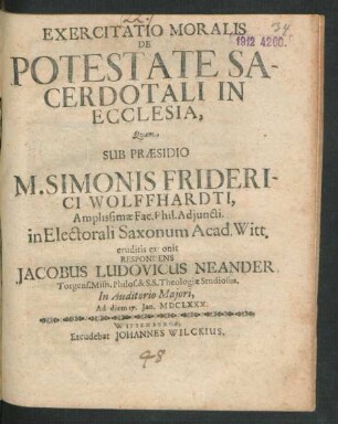 Exercitatio Moralis De Potestate Sacerdotali In Ecclesia