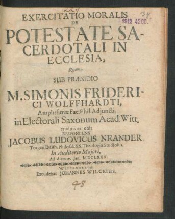 Exercitatio Moralis De Potestate Sacerdotali In Ecclesia