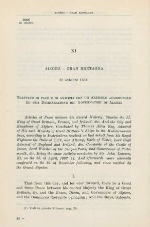 XI Algeri - Gran Bretagna 30 ottobre 1664