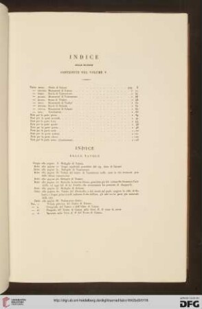 Indice delle materie und Indice delle Tavole