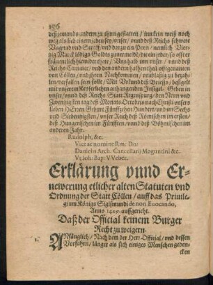 Erklärung unnd Ernewerung etlicher alten Statuten und Ordnung der Statt Cöllen ... Anno 1405. auffgericht.