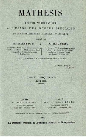 TOME CINQUIÉME AOUT 1885.