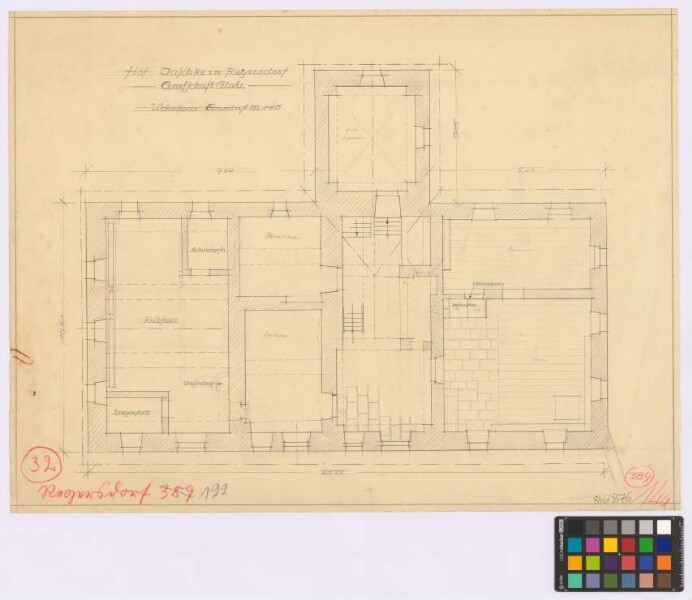Reyersdorf ([Landkreis Habelschwerdt]): Hof Jaschke.
                                 Wohnhaus (Grundriss [des Erdgeschosses])