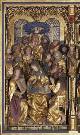 Szenen nach dem Tod Christi: von der Auferstehung bis zum Jüngsten Gericht — Das Pfingstwunder, Der Heilige Geist senkt sich auf die Apostel und Maria herab