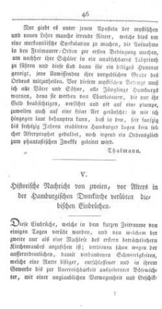 V. Historische Nachricht von zweien, vor Alters in der Hamburgischen Domkirche verübten diebischen Einbrüchen.