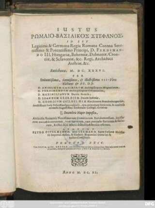 Justus Rōmaio-Basilikos Stephanos, Id Est Legitima & Germana Regia Romana Corona Serenissimo ... D. Ferdinando III. ... Ratisbonæ M.DC.XXXVI. Per ... Electores 22/12 Decembris Nuper Imposita : Anticrisin Examinis Novissimorum Comitionem Ratisbonensium ... Eristici ICti Asterii distinctis Astersis referens