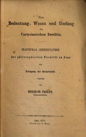 Über Bedeutung, Wesen und Umfang des Cartesianischen Zweifels