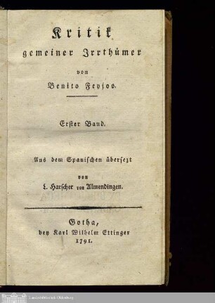 Band 1: Kritik gemeiner Irrthümer Theatro critico universal