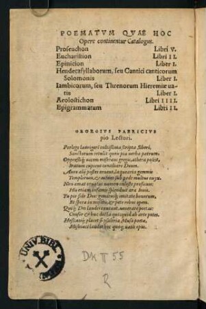 Poematum quae hoc opere continentur catalogus
