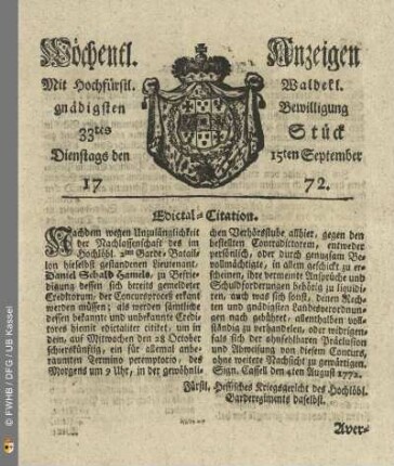 33tes Stueck, Dienstags den 15ten September 1772