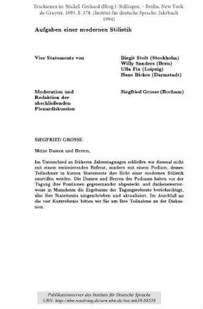 Aufgaben einer modernen Stilistik. Moderation und Redaktion der abschließenden Plenardiskussion