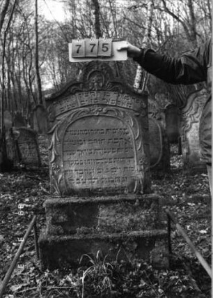 Grabstein 775 (Index: 99751561) Material: Sandstein Zustand: leicht verwittert mit Textverlust Maße HxBxT: 132x60x10 cm Beschreibung: Stele, getreppt. Sockel, geschwungen eingezog. Rundbogenabschl. , Schriftfeld eingetie Symbolik: Ranken, Blüten, Schriftband: Grabstein 775