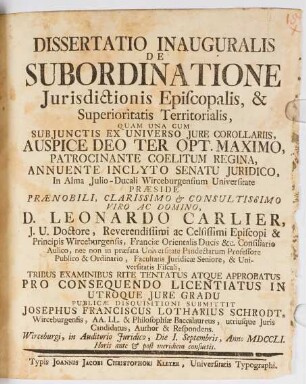 Dissertatio Inauguralis De Subordinatione Jurisdictionis Episcopalis, & Superioritatis Territorialis : Una Cum Subjunctis Ex Universo Jure Corollariis