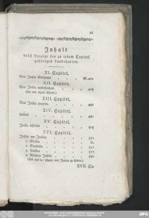 Inhalt nebst Anzeige der zu iedem Capitel gehörigen Landcharten.