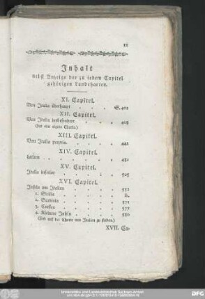 Inhalt nebst Anzeige der zu iedem Capitel gehörigen Landcharten.