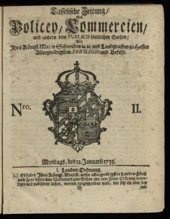 Nro. II, Montags, den 12. Januarii 1733