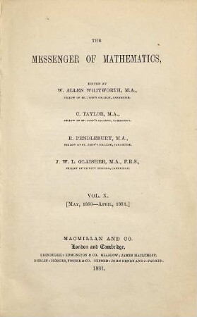 Messenger of mathematics. 10. 1880/81 (1881), Mai - Apr.