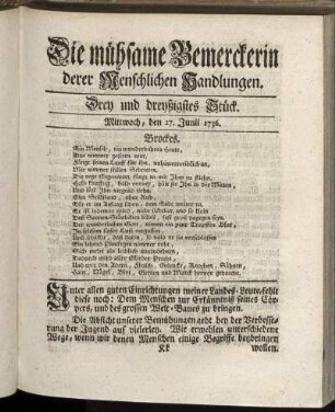 Drey und dreyßigstes Stück. Mittwoch, den 27. Junii 1736.