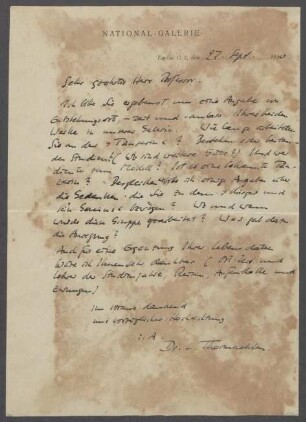 Brief von Ludwig Thormaehlen [Nationalgalerie, Berlin] an Georg Kolbe